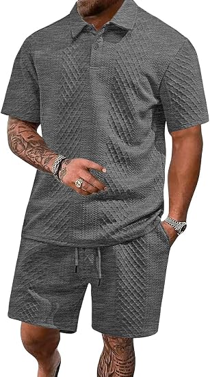 Men's 2 Pieces Outfits Casual Polo Shirt and Shorts Set Collar Athletic Jogging Summer Tracksuit