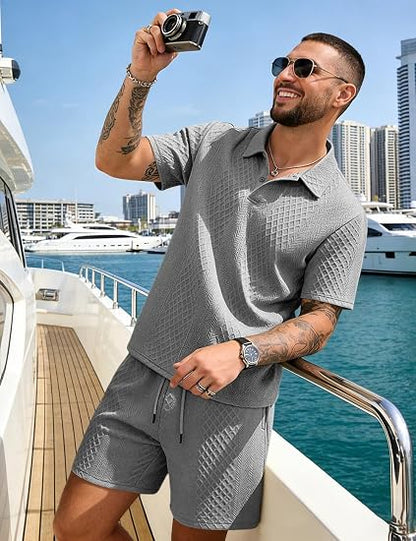Men's 2 Pieces Outfits Casual Polo Shirt and Shorts Set Collar Athletic Jogging Summer Tracksuit