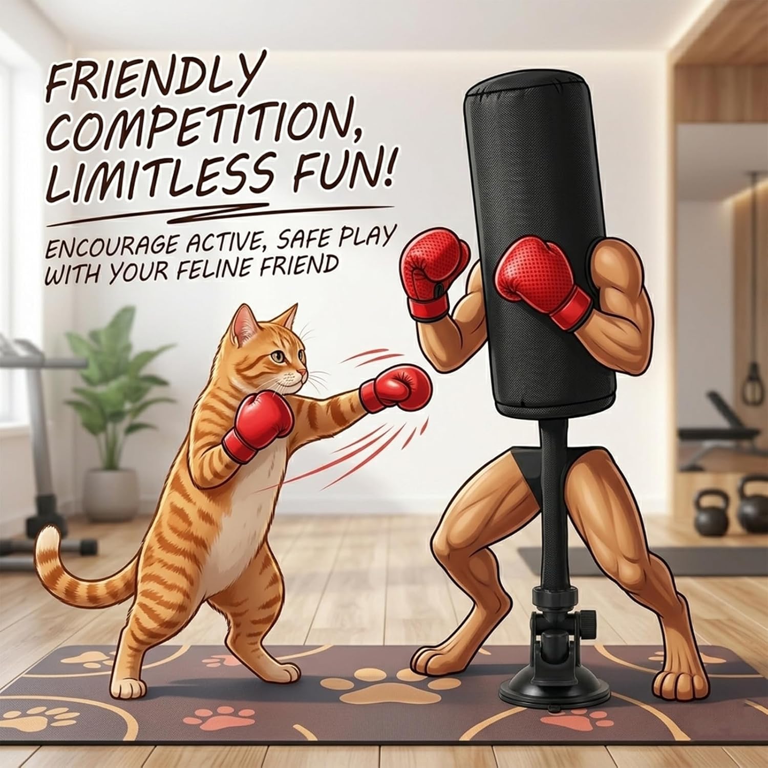 Paw Punch Cat Toy, Cat Punching Bag with Boxing Gloves – Interactive Exercise Toy for Indoor Play, Durable Suction Cup Activity Center, Easy-Clean Fabric for Mess-Free Fun