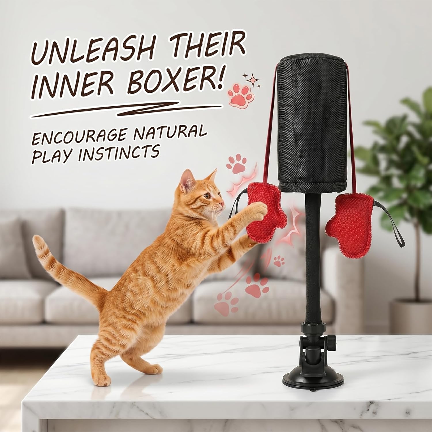 Paw Punch Cat Toy, Cat Punching Bag with Boxing Gloves – Interactive Exercise Toy for Indoor Play, Durable Suction Cup Activity Center, Easy-Clean Fabric for Mess-Free Fun