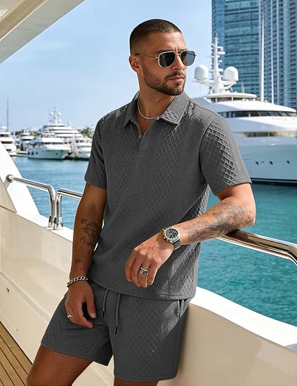 Men's 2 Pieces Outfits Casual Polo Shirt and Shorts Set Collar Athletic Jogging Summer Tracksuit