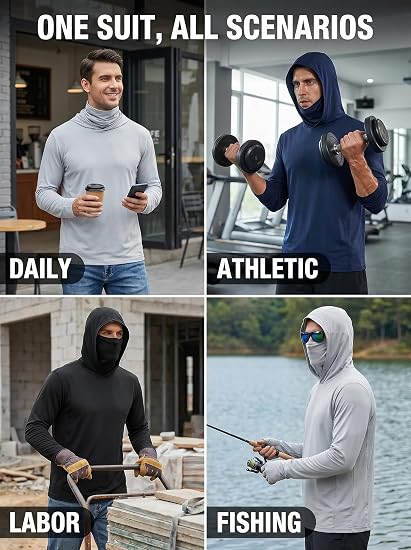 3 Pack Men's UPF 50+ Sun Protection Hoodie with Face Mask, Long Sleeve Quick Dry Fishing & Construction Work Shirts